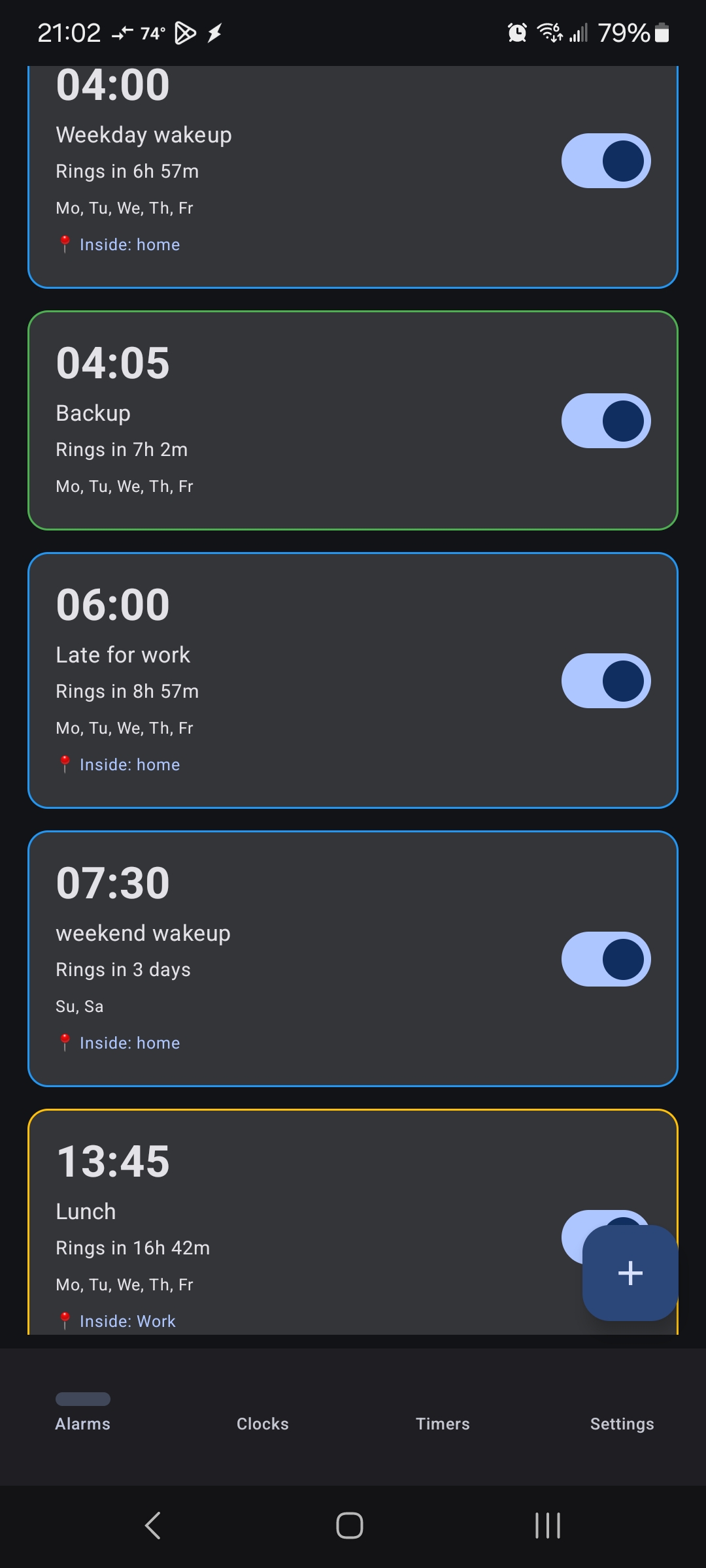 A screenshot of the Alarms page in the app